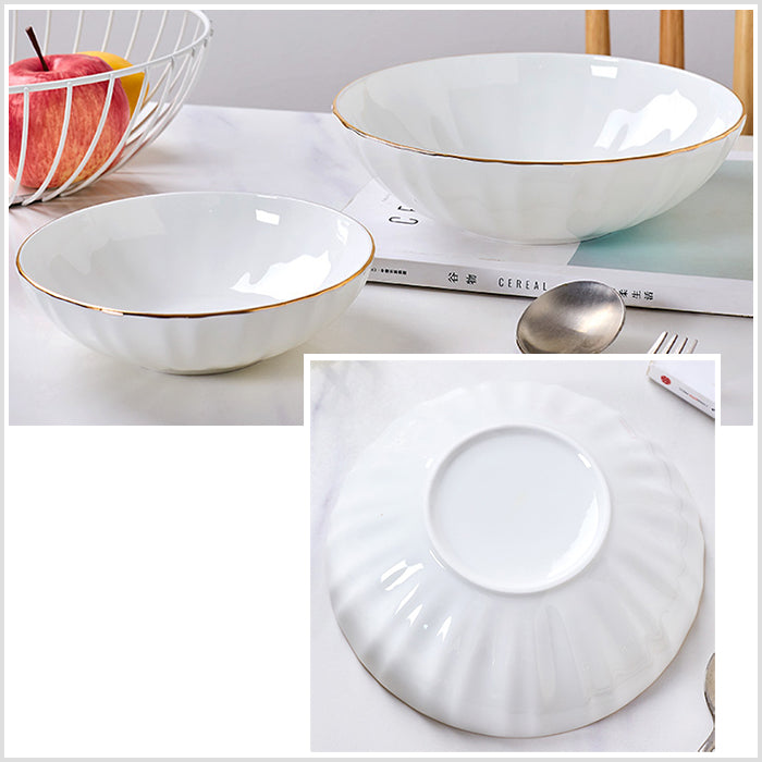 Bone China Ribbed Bowl - with Wide Mouth & Gold Rim