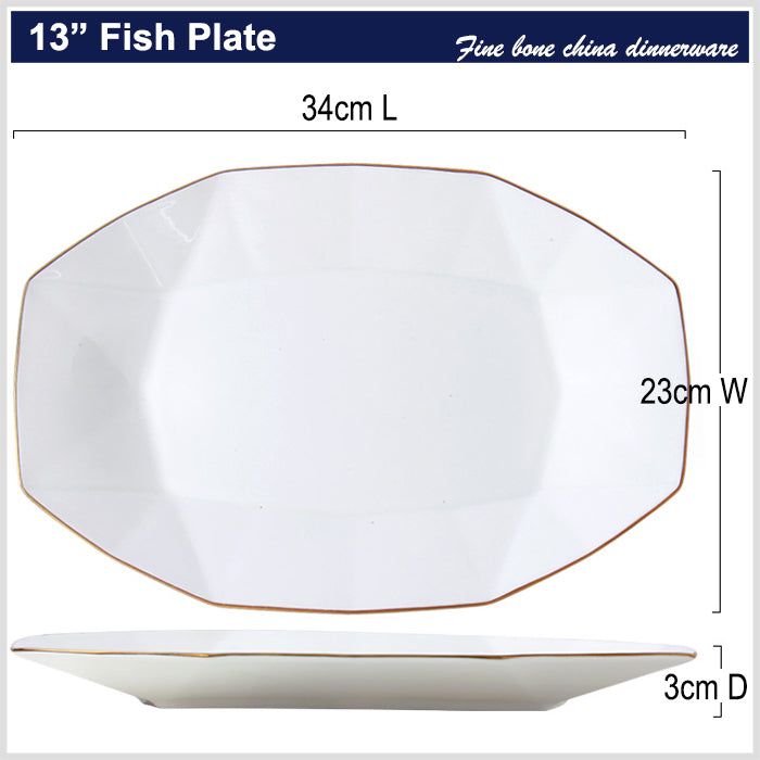 Bone China Dinnerware -Octagon Fish Platter with Gold Rim