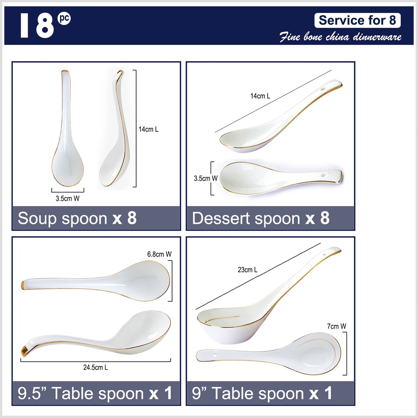 Bone China Spoon Set - White with Gold Rim