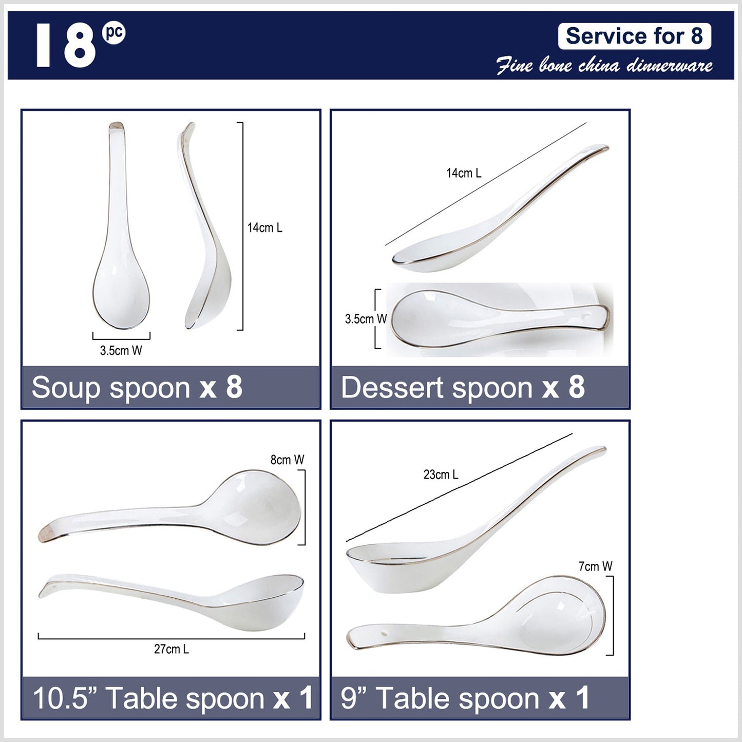 Bone China Spoon Set - White with Silver Rim