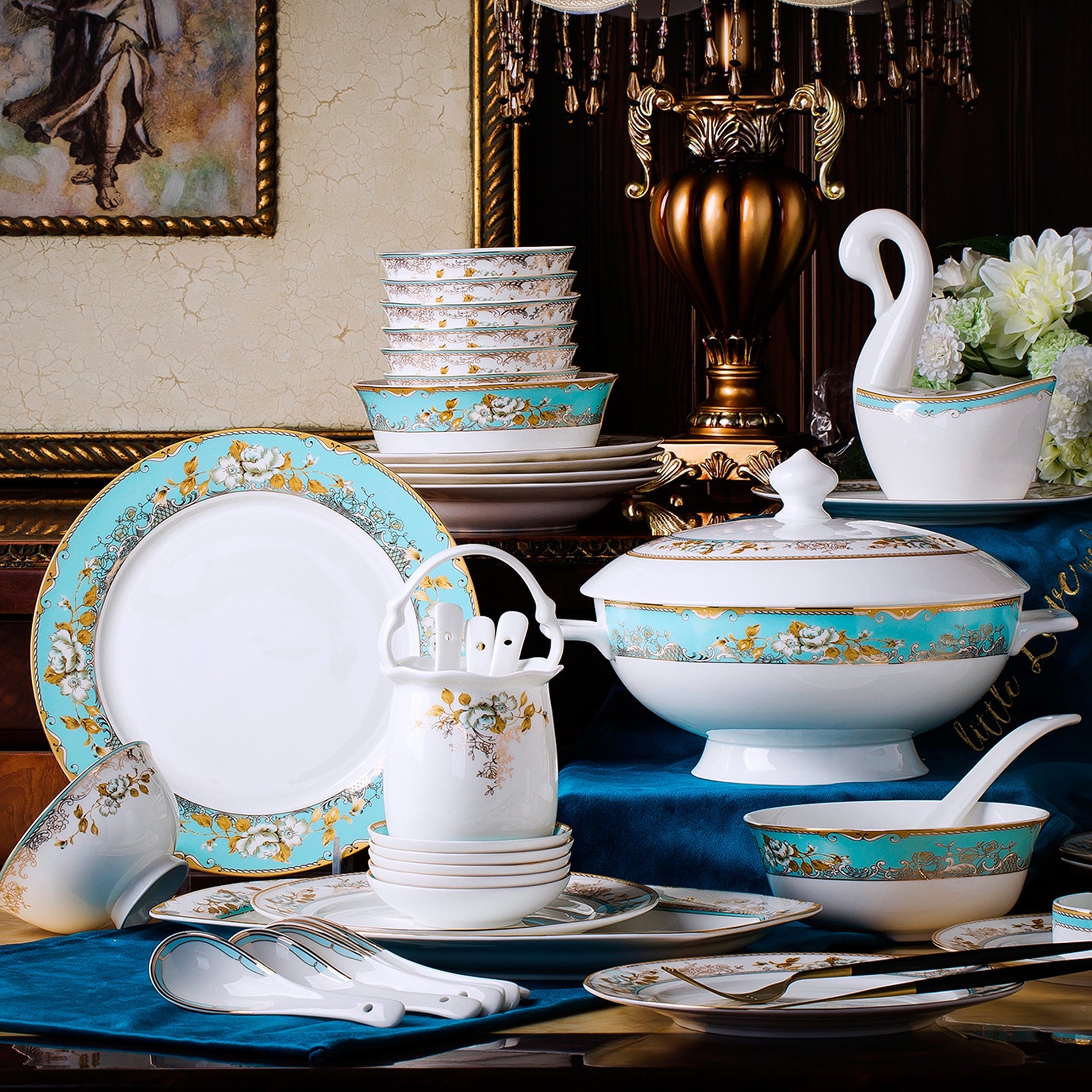 Bone China Dinnerware Set Floral Motif in Turquoise – HomesNovelty