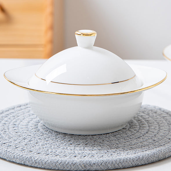 Bone China Steam Soup Bowl W/ Lid - Ellipse in Front