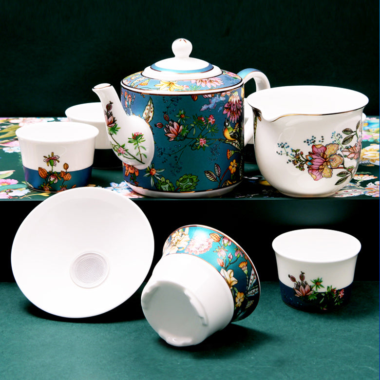 Luxury Bone China Gongfu Tea Set - Enameling of Floral Motif in Green