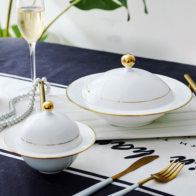 Bone China Steam Soup Bowl W/ Lid - Gold Rimmed