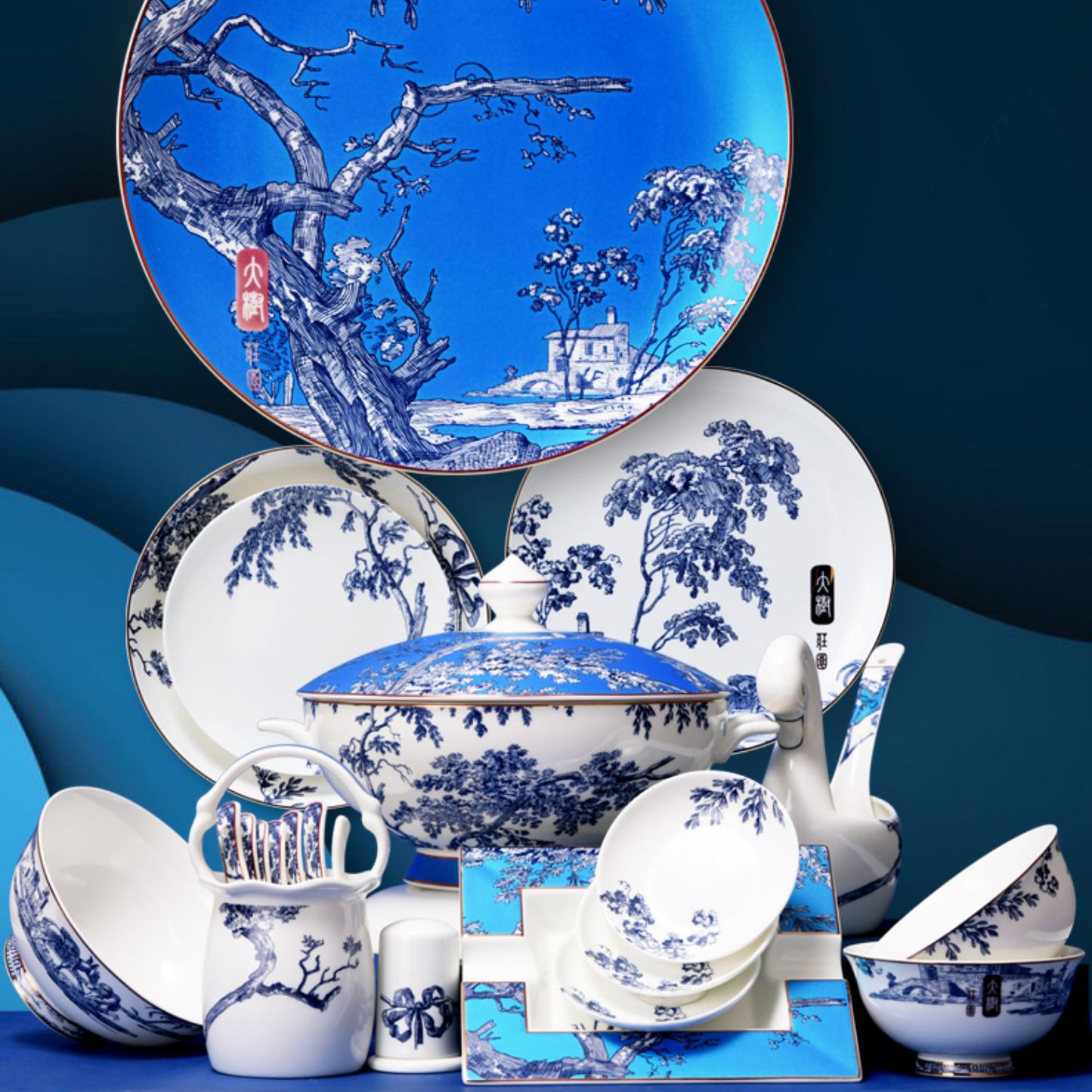 Luxury Bone China Dining Ware Collection - Enameling of Landscape Design in Gradient Blue