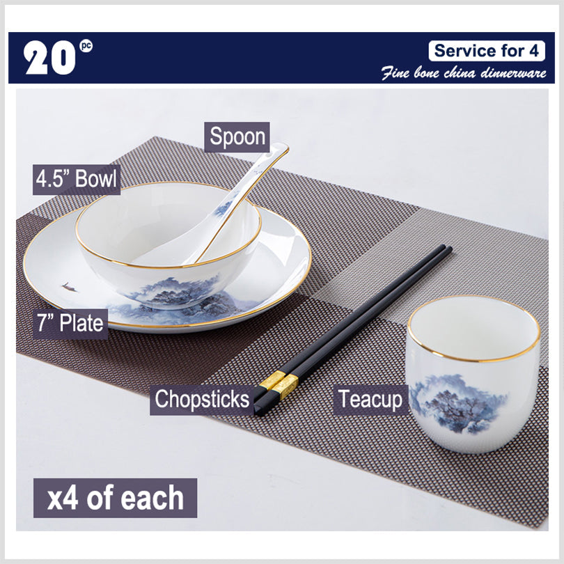 Bone China Dinnerware Set, Blue-and-white Porcelain