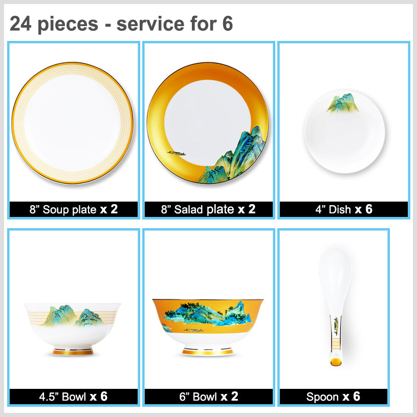 Luxury Bone China Dining Ware Collection - Embossed Gold on Enameling of Landscape Motif with Yellow Background