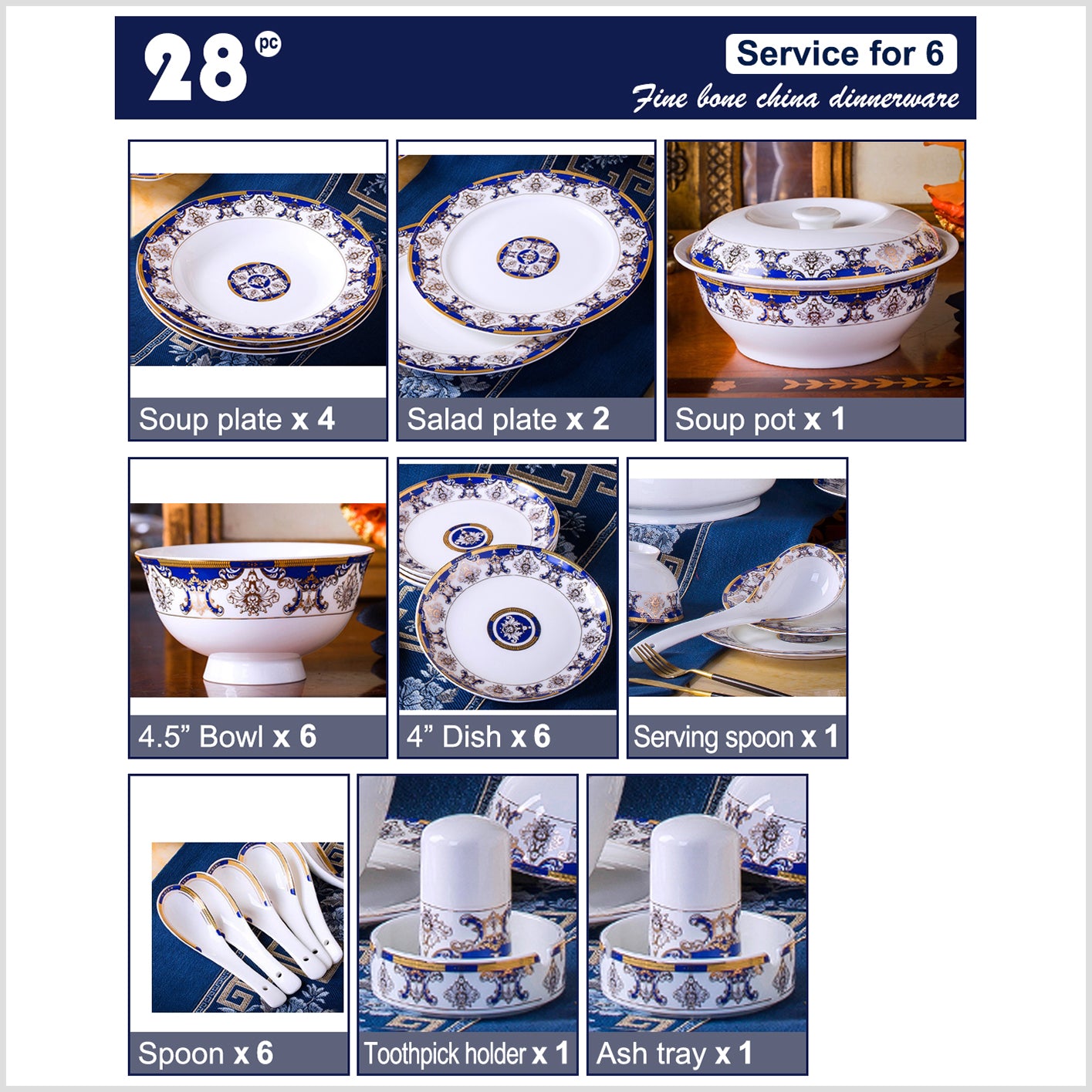 Bone China Dinnerware Set - Gold Inlay of Decorative Motif in Blue