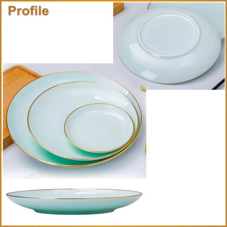 Bone China Celadon Dinnerware - Flat Plate with Gold Rim