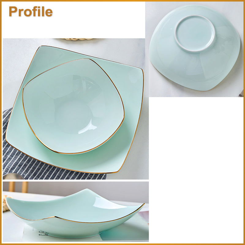 Bone China Celadon Square Plate - Curved Edge with Upward Angles