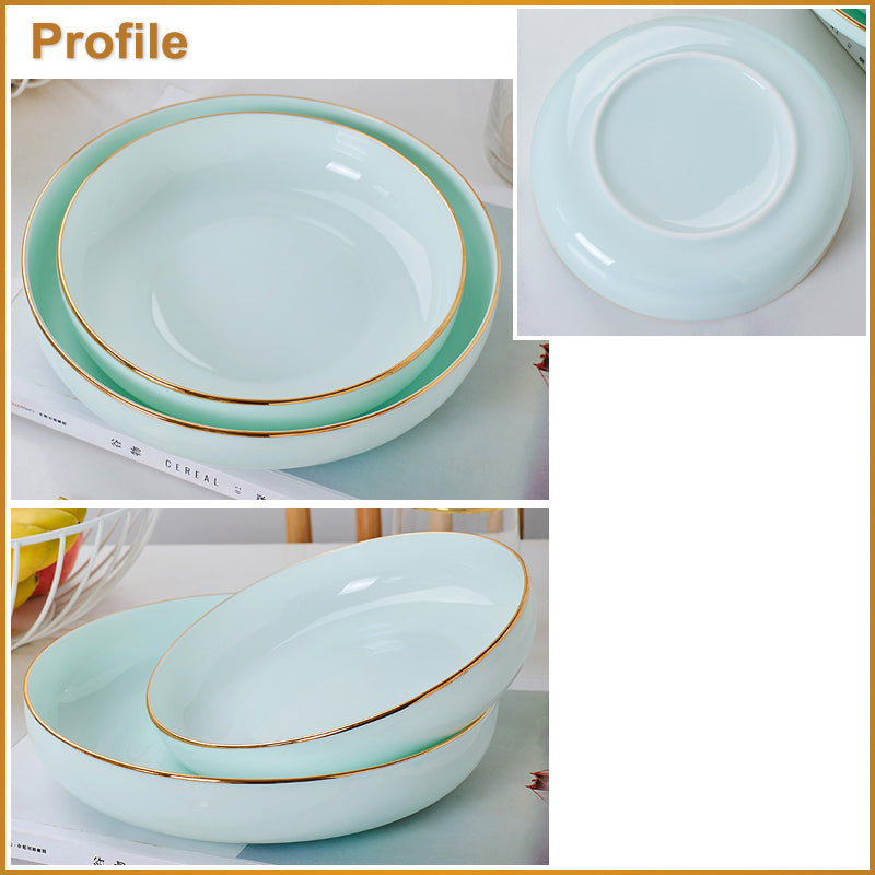 Bone China Celadon Dinnerware - Round Plate with Gold Rim