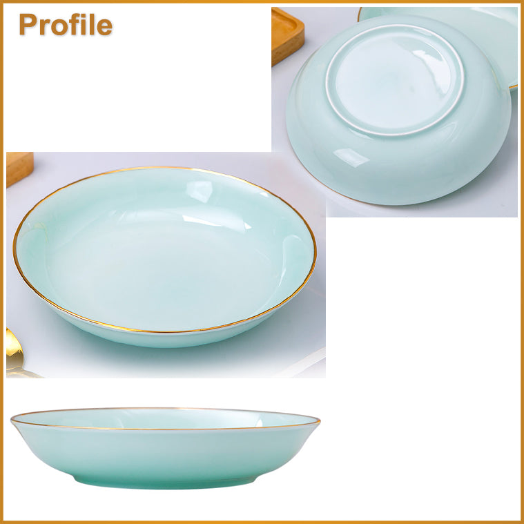 Bone China Celadon Dinnerware - Soup Plate with Gold Rim