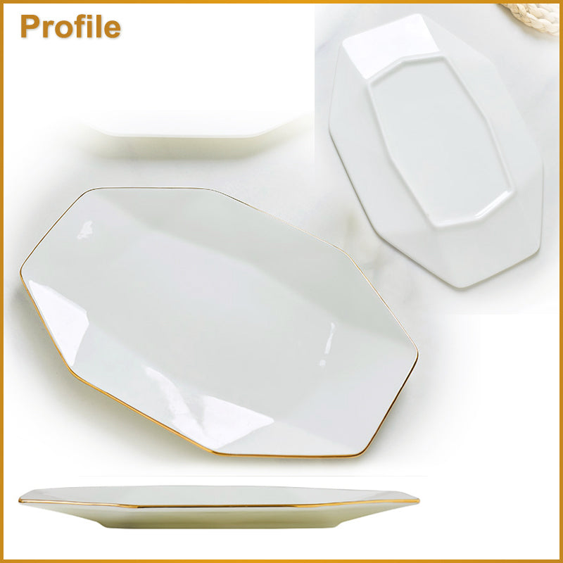 Bone China Dinnerware -Octagon Fish Platter with Gold Rim