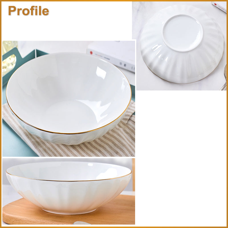 Bone China Ribbed Bowl - with Wide Mouth & Gold Rim