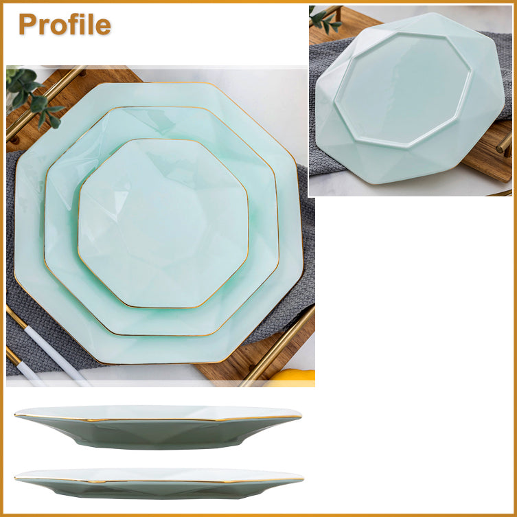 Bone China Celadon Dinnerware - Octagon Plate with Gold Rim