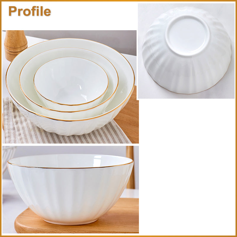 Bone China Ribbed Bowl - White with Gold Rim