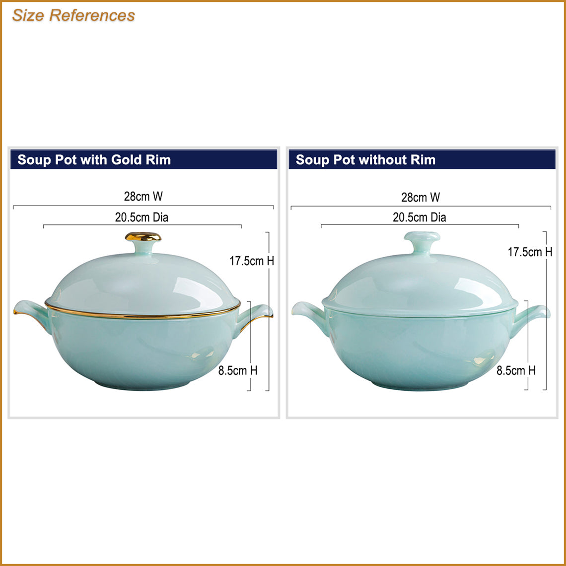 Bone China Celadon Soup Tureen - with Gold Rim or without Rim