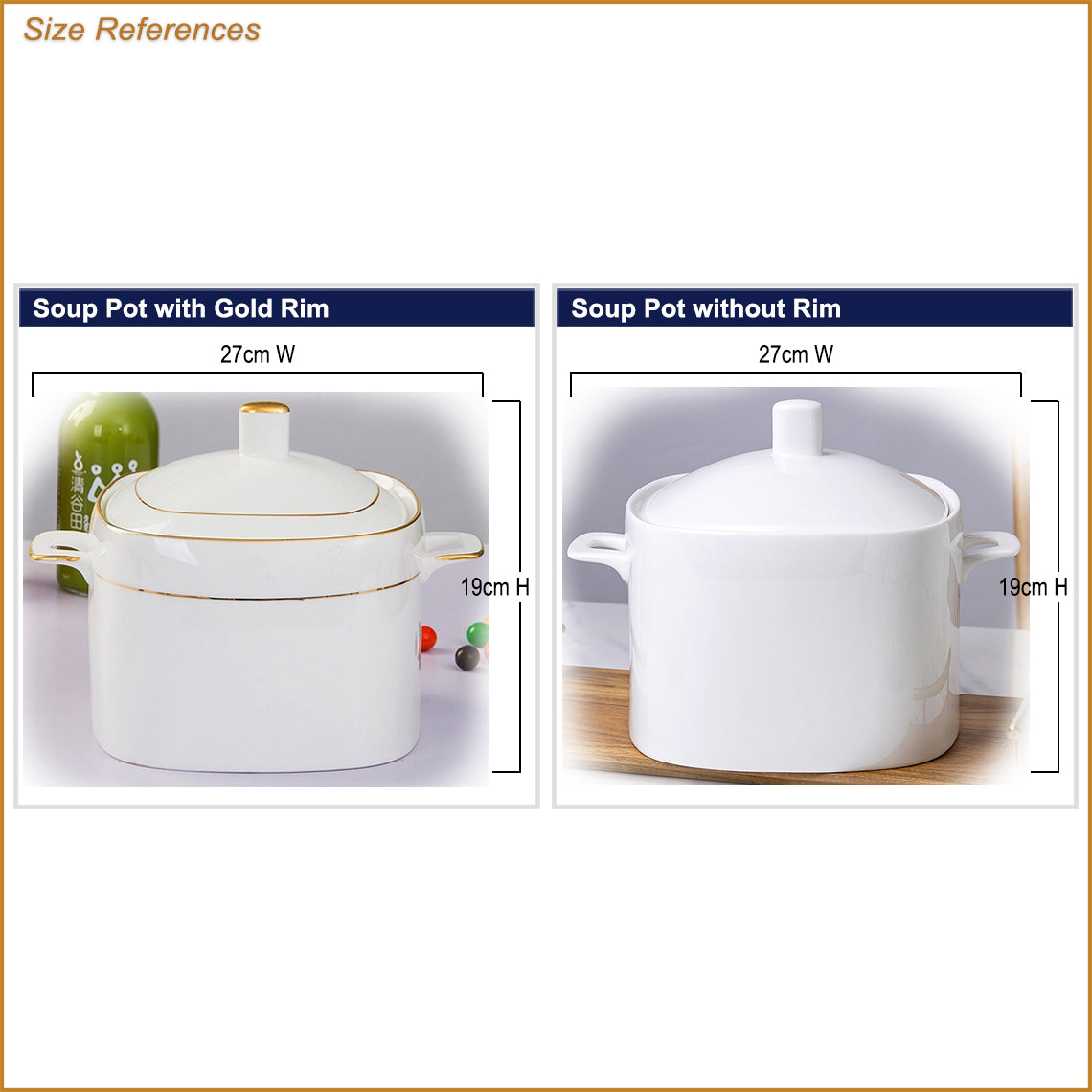 Bone China Square Soup Tureen - White W/Gold Rim or W/O Rim
