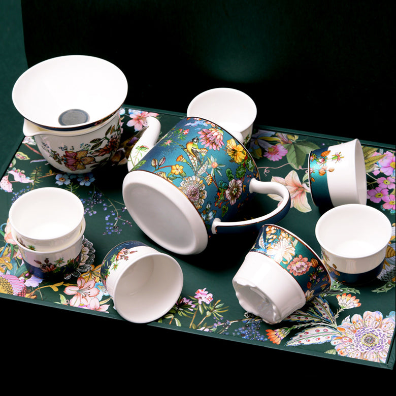 Luxury Bone China Gongfu Tea Set - Enameling of Floral Motif in Green