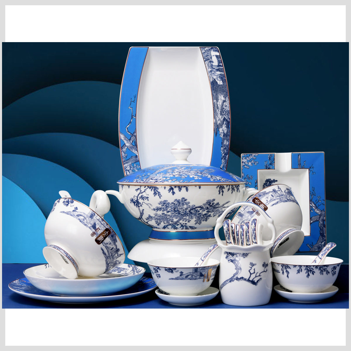 Luxury Bone China Dining Ware Collection - Enameling of Landscape Design in Gradient Blue