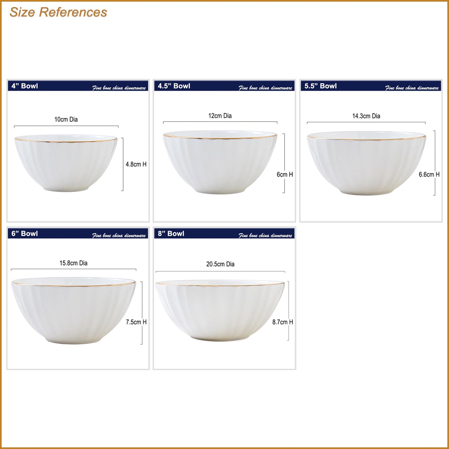 Bone China Ribbed Bowl - White with Gold Rim