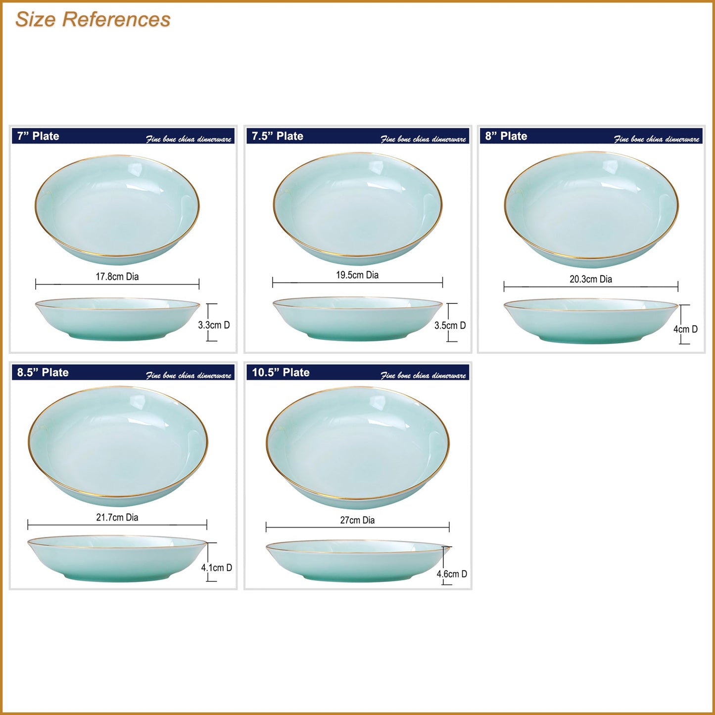 Bone China Celadon Dinnerware - Soup Plate with Gold Rim
