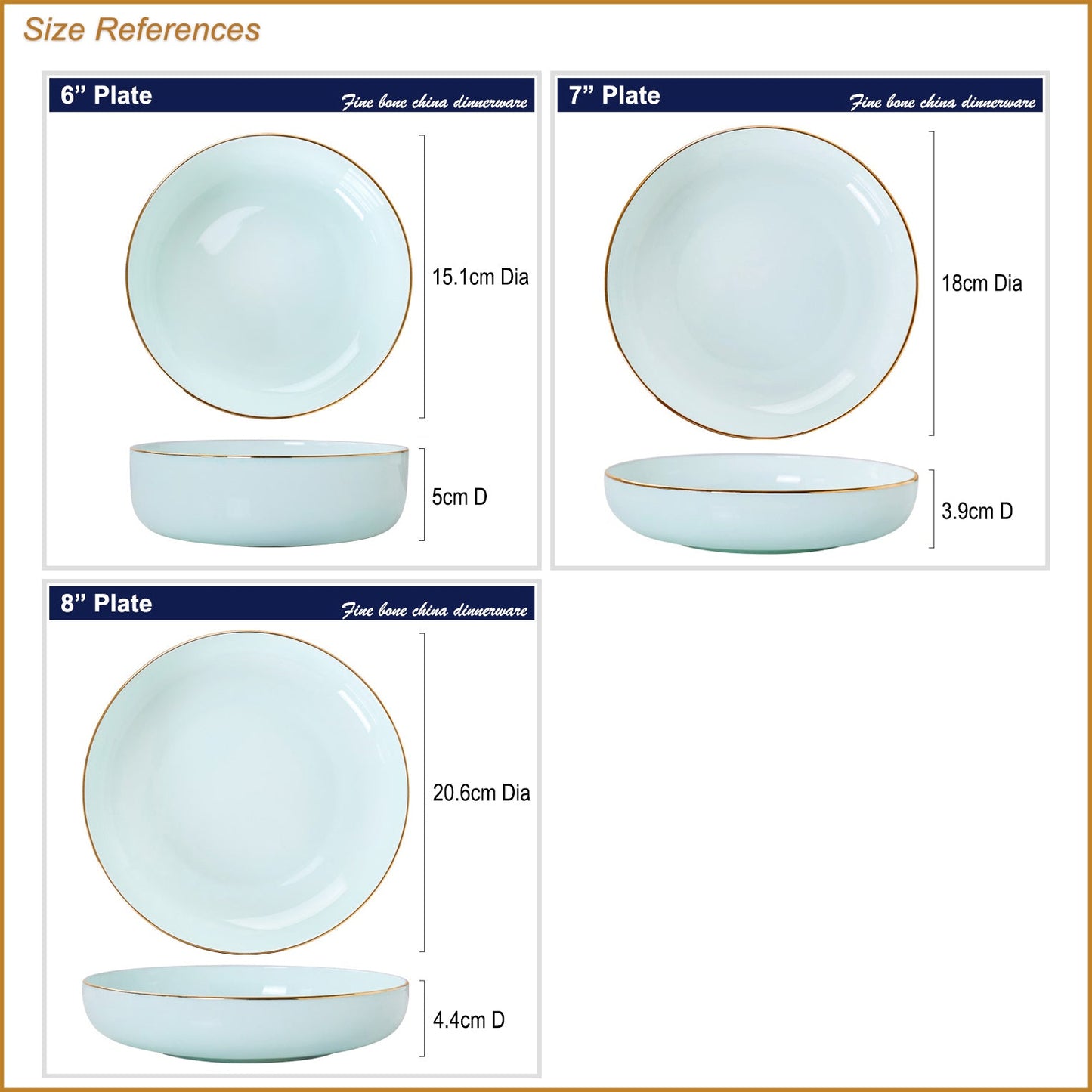 Bone China Celadon Dinnerware - Round Plate with Gold Rim