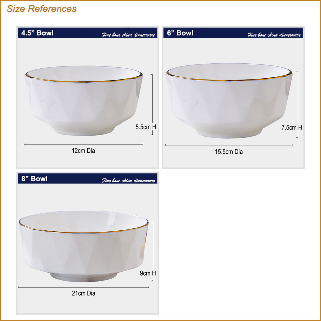Bone China Tableware - Octagon Bowl with Gold Rim