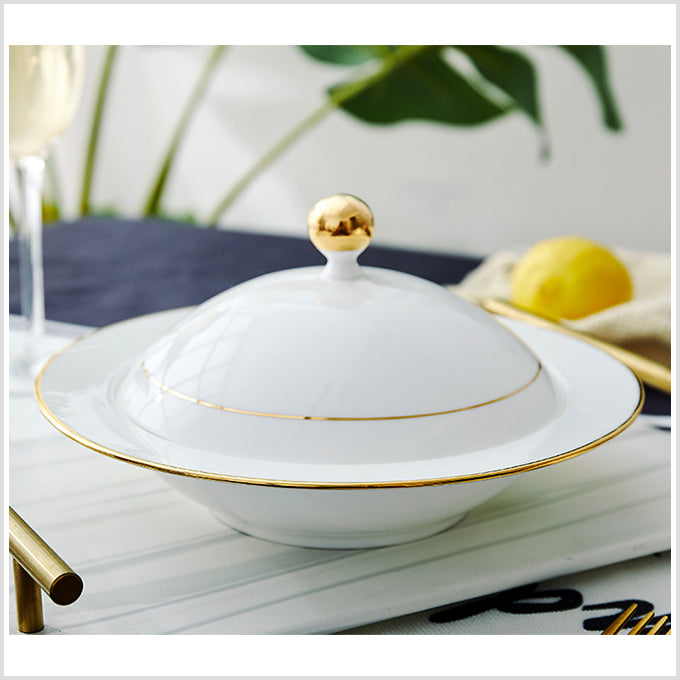 Bone China Steam Soup Bowl W/ Lid - Gold Rimmed