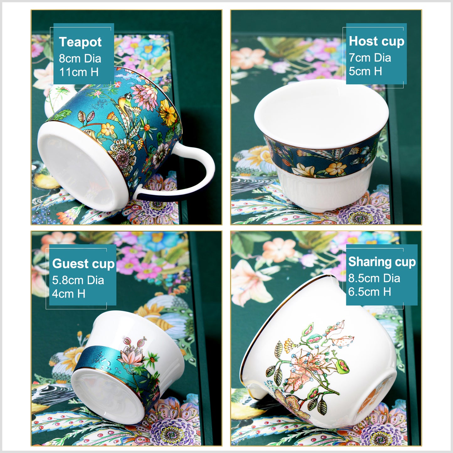 Luxury Bone China Gongfu Tea Set - Enameling of Floral Motif in Green