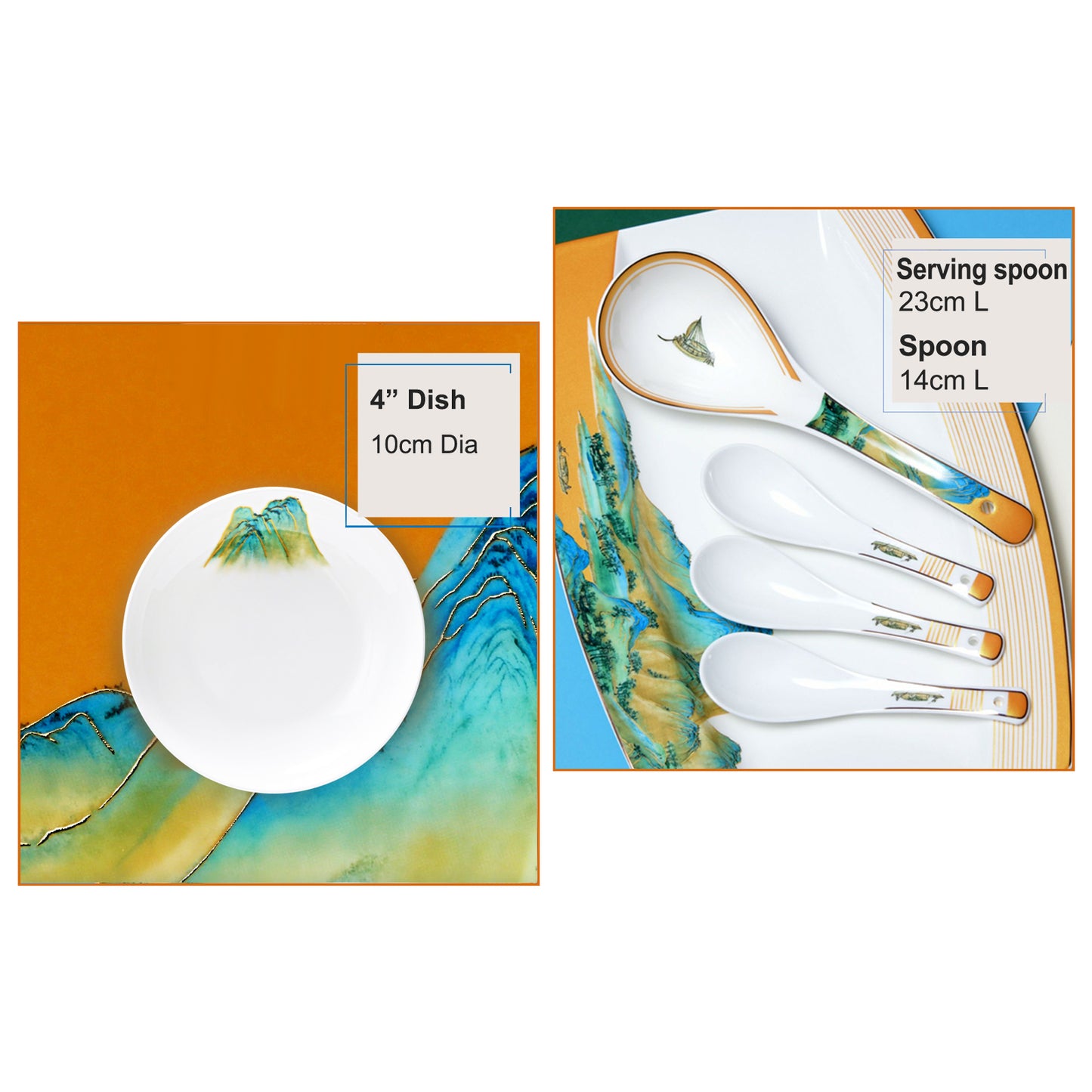 Luxury Bone China Dining Ware Collection - Embossed Gold on Enameling of Landscape Motif with Yellow Background