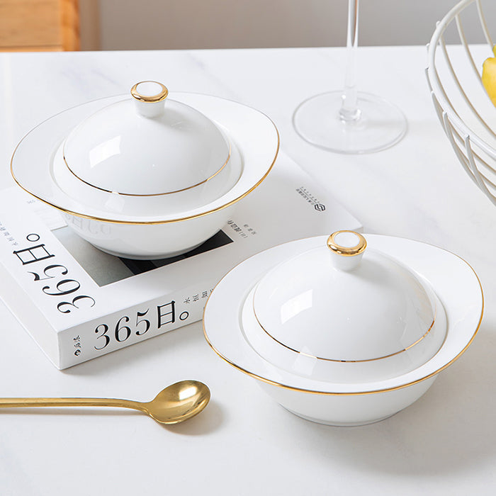 Bone China Steam Soup Bowl W/ Lid - Ellipse in Front