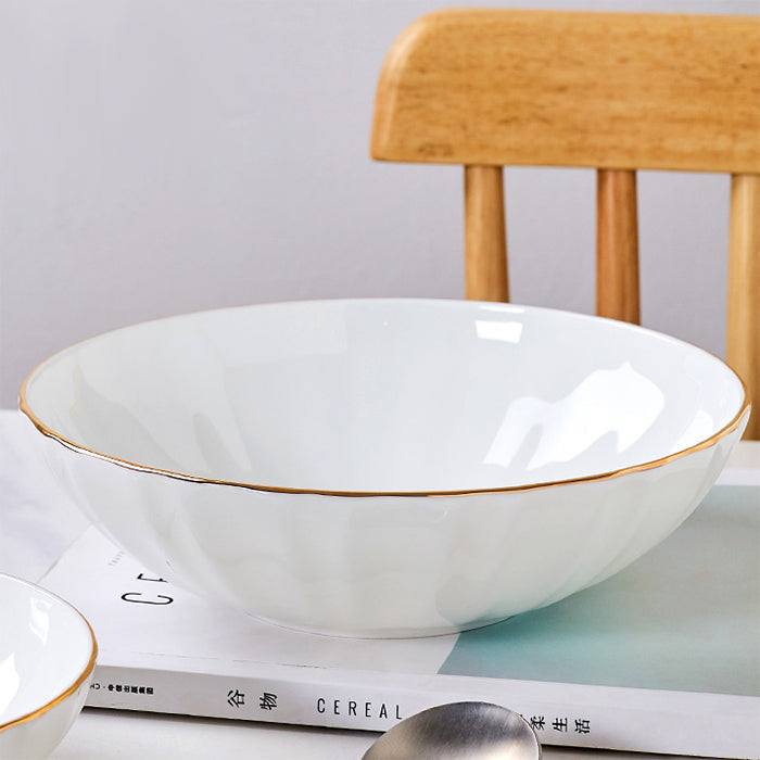 Bone China Ribbed Bowl - with Wide Mouth & Gold Rim