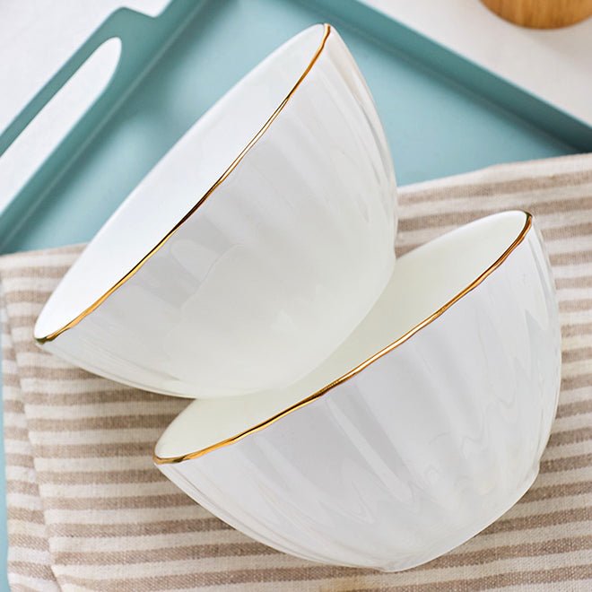 Bone China Ribbed Bowl - White with Gold Rim