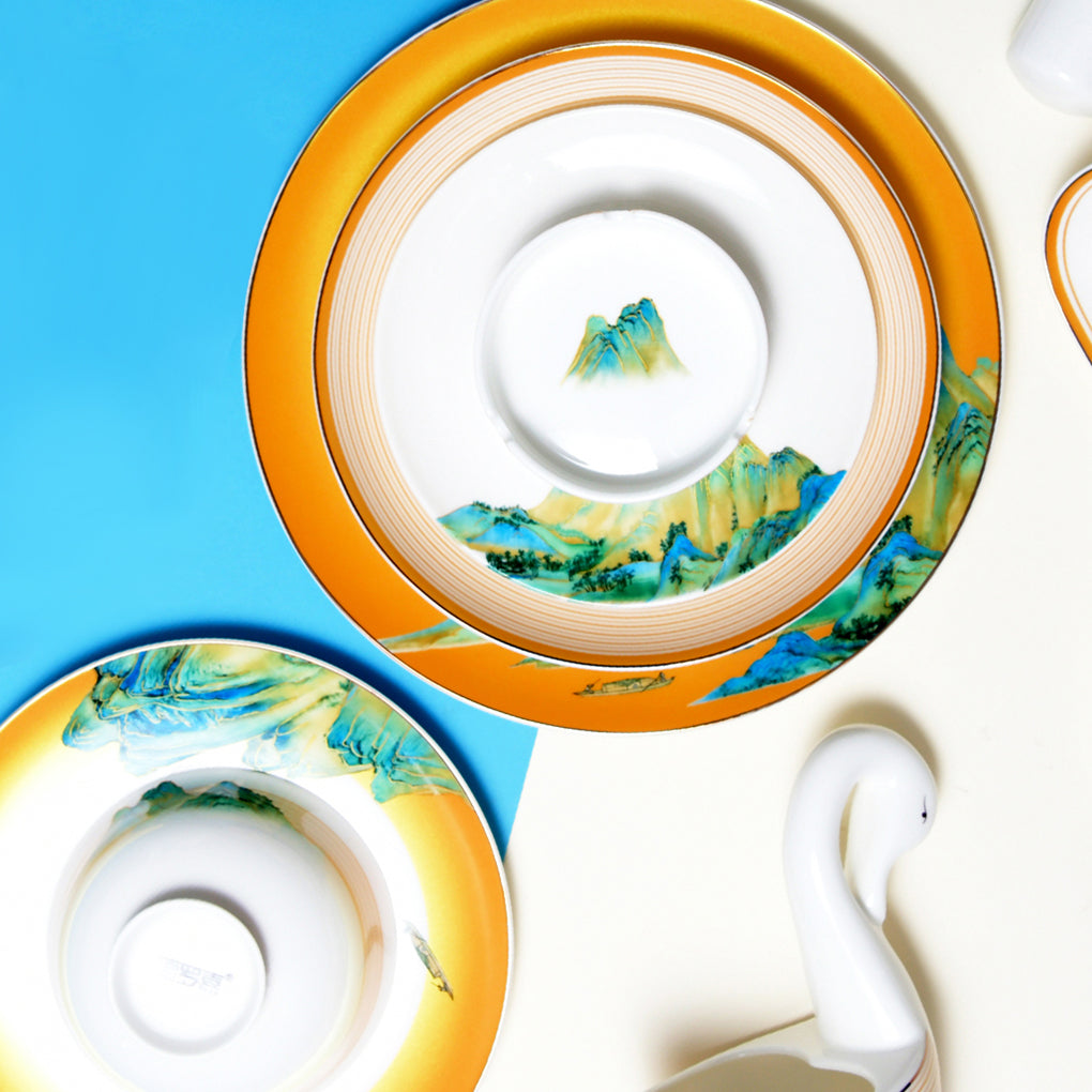 Luxury Bone China Dining Ware Collection - Embossed Gold on Enameling of Landscape Motif with Yellow Background