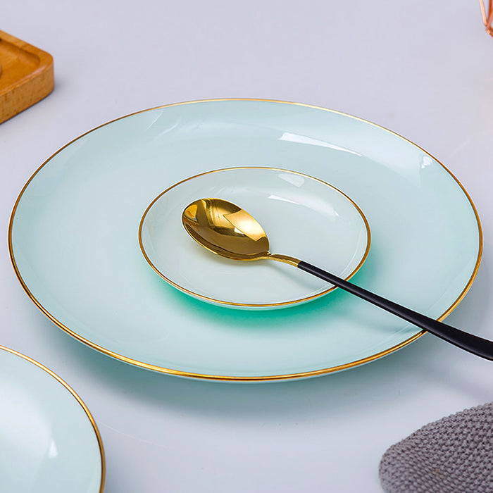 Bone China Celadon Dinnerware - Flat Plate with Gold Rim
