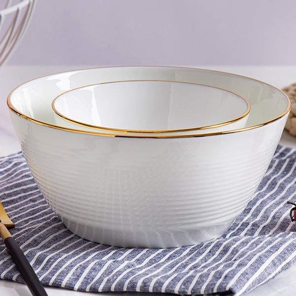 Bone China Round Bowl - Horizontal Ridges & Gold Rim
