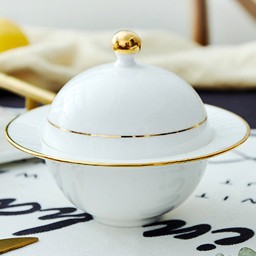 Bone China Steam Soup Bowl W/ Lid - Gold Rimmed