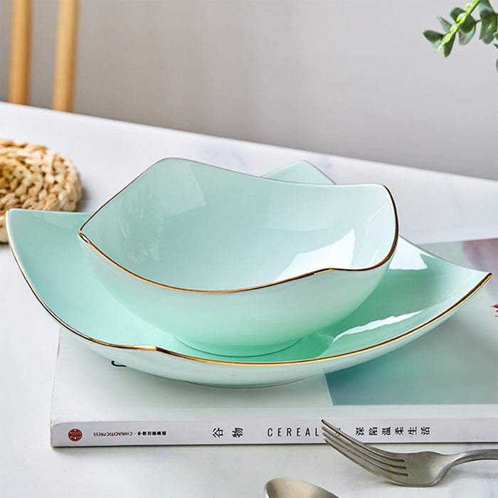 Bone China Celadon Square Plate - Curved Edge with Upward Angles