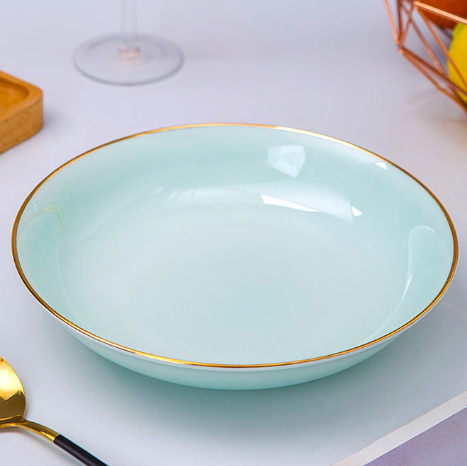 Bone China Celadon Dinnerware - Soup Plate with Gold Rim