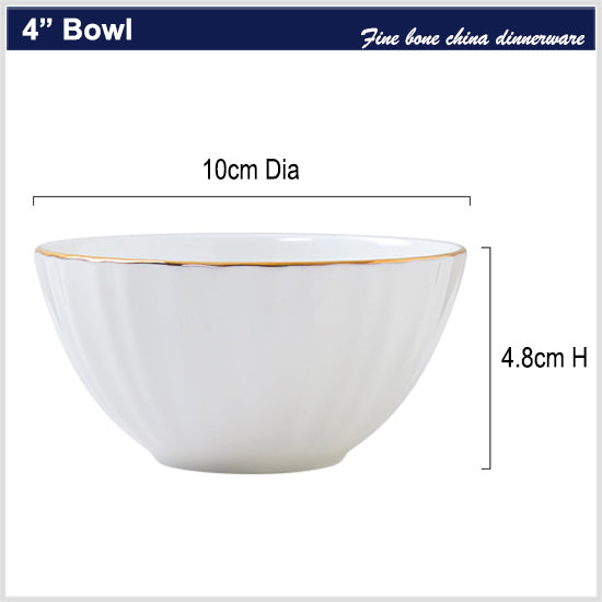 Bone China Ribbed Bowl - White with Gold Rim