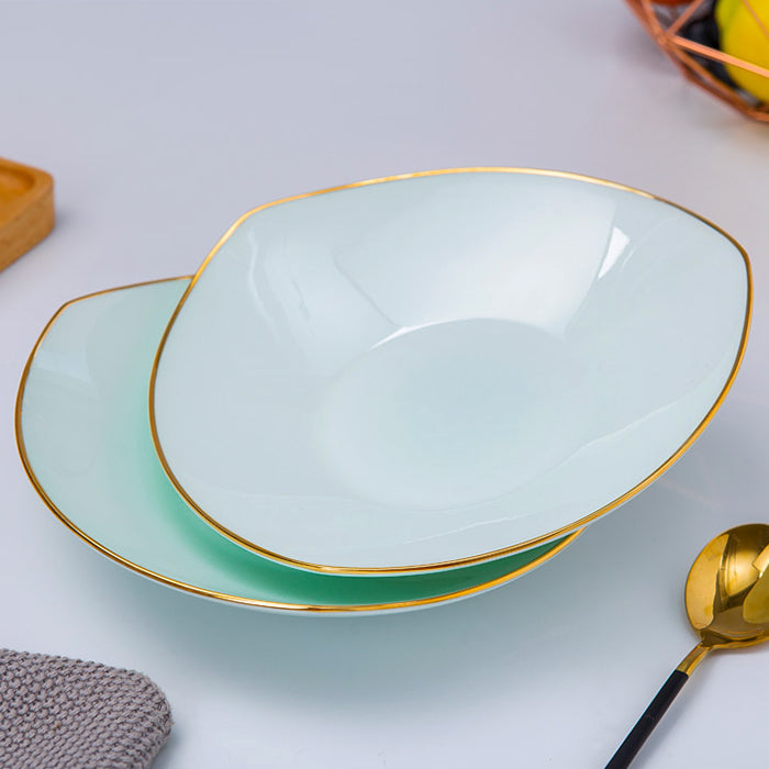 Bone China Celadon Dinnerware - Triangle Plate with Gold Rim