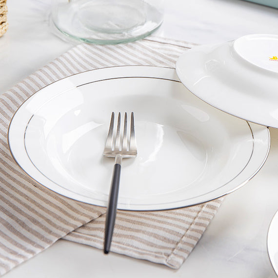 Bone China Soup Plate - White with Silver Rim