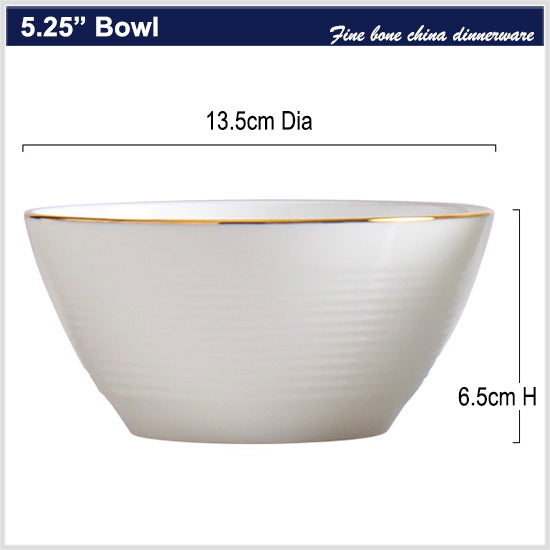 Bone China Round Bowl - Horizontal Ridges & Gold Rim