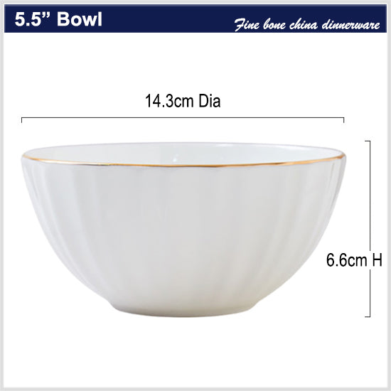 Bone China Ribbed Bowl - White with Gold Rim