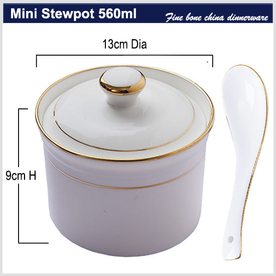Bone China Stew Pot W/ Lid & Spoon - Gold Rimmed