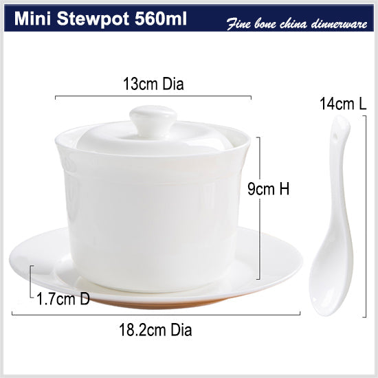 Bone China Tableware - White Stew Pot W/ Dish & Spoon