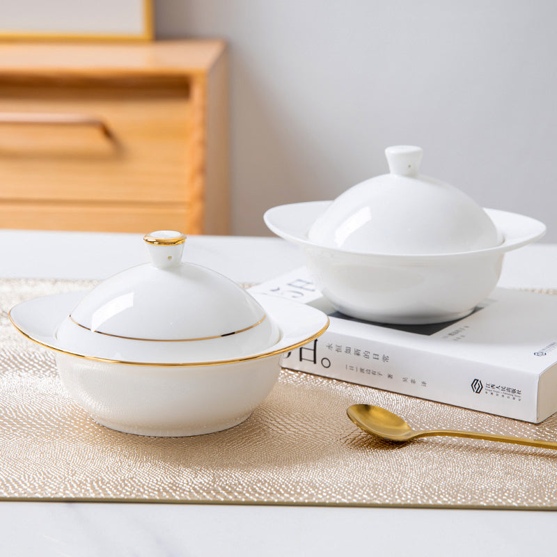 Bone China Steam Soup Bowl W/ Lid - Ellipse in Front