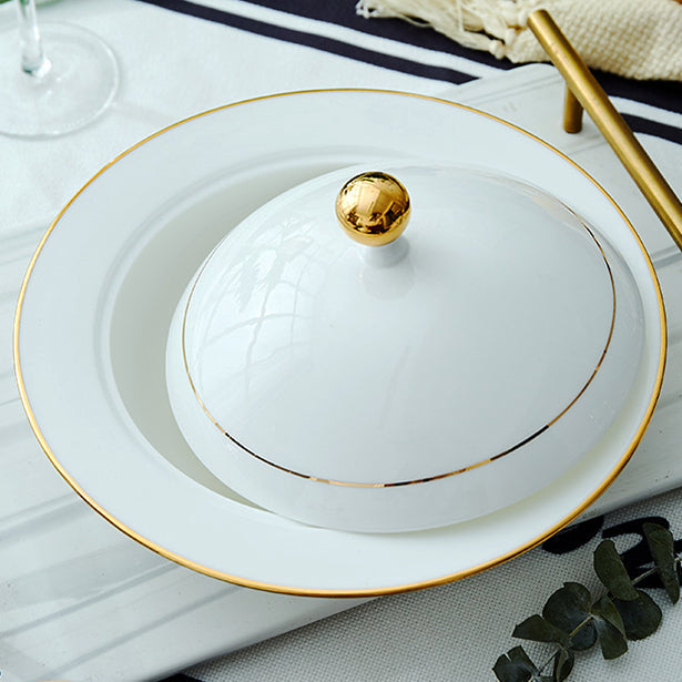 Bone China Steam Soup Bowl W/ Lid - Gold Rimmed