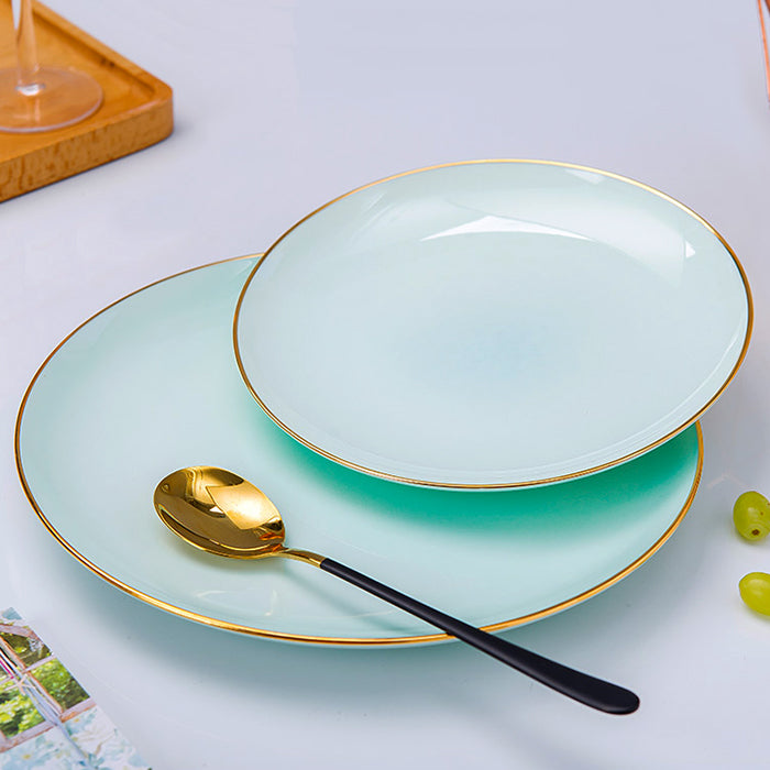 Bone China Celadon Dinnerware - Flat Plate with Gold Rim